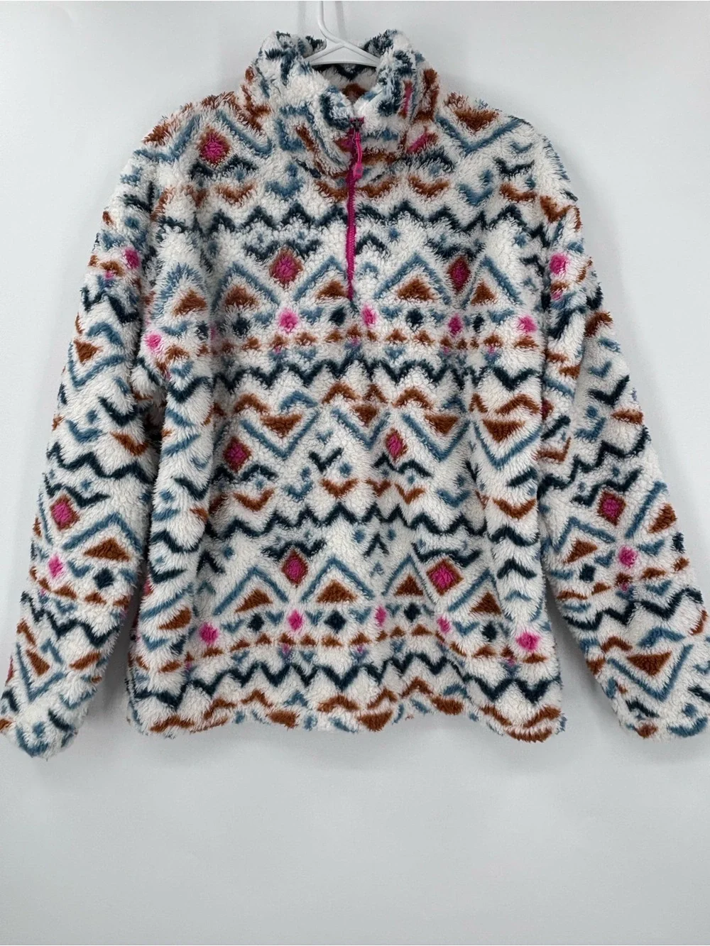 Eddie Bauer Cream Fuzzy Pullover with Brown, Navy & Pink Pattern